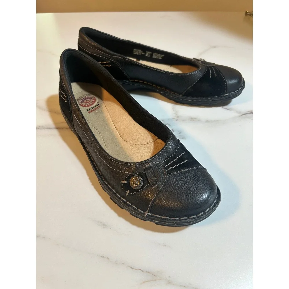 Earth Spirit Black Leather Suede Ballet Flats Gelron 2000 Comfort Shoes Size 9